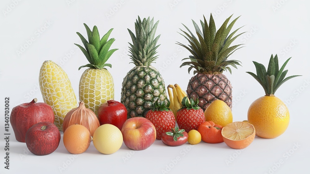 A variety of colorful fruits including a red apple, grapes, orange, tangerine, red bell pepper, and ripe bananas. A variety of colorful fruits including a red apple, grapes, orange, tangerine, red bell pepper, and ripe bananas.