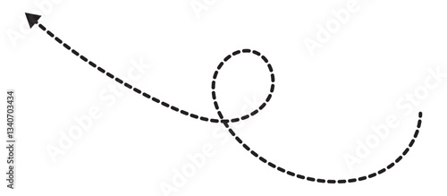 Long squiggle dashed, dotted line arrow vector icon. long dotted arrow icon vector illustration. Dashed lines. Direction, way or pointer.  Black hand drawn wavy curve dotted arrow icon vector.