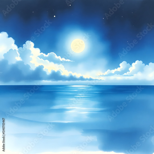 The moonlit sea, clouds, moon, and stars have an otherworldly appearance with soft focus and a hazy background art illustration design