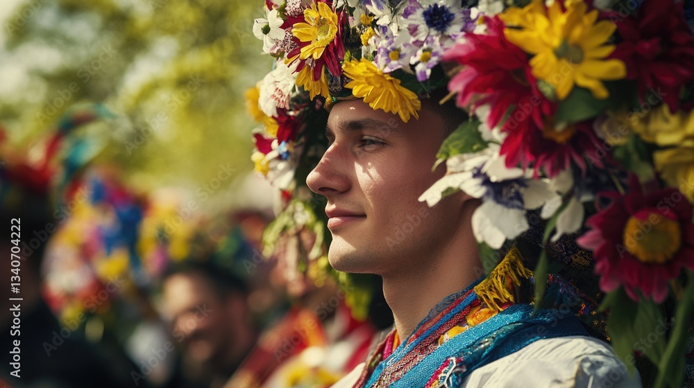 A person wearing a unique flower crown standing among a group, possible cultural or festive context A person wearing a unique flower crown standing among a group, possible cultural or festive context