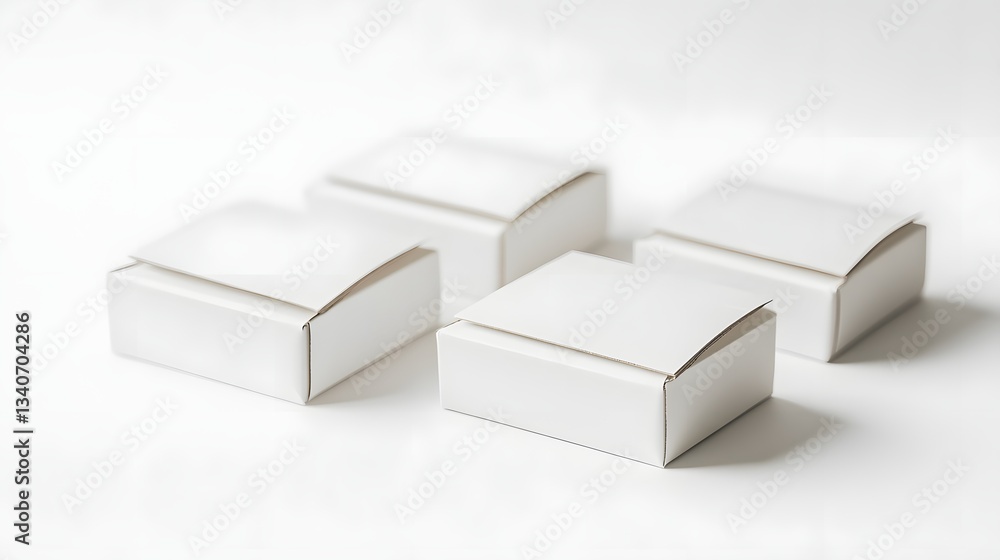 Four small square white boxes sit on white surface Four small square white boxes sit on white surface