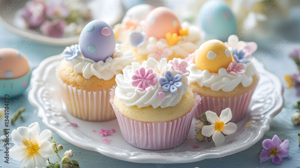A tray of pastel cupcakes with Easter decorations such as sugar eggs, bunnies, and colorful flowers, arranged beautifully on a vintage porcelain plate with soft light. A tray of pastel cupcakes with Easter decorations such as sugar eggs, bunnies, and colorful flowers, arranged beautifully on a vintage porcelain plate with soft light.