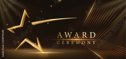 3d gold star with element and glitter light effect decoration and line and beam. Luxury award ceremony background.