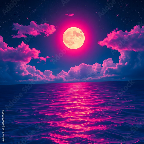The moonlit sea, clouds, moon, and stars have an otherworldly appearance with soft focus and a hazy background art illustration design