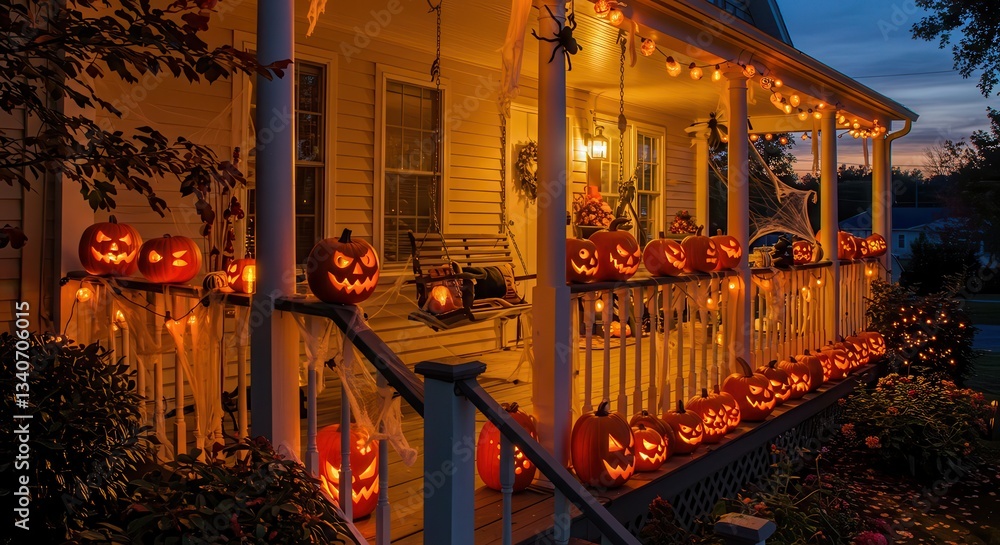 Naklejka premium Illuminated Jack-o'-lanterns Decorating House Porch for Halloween Celebration