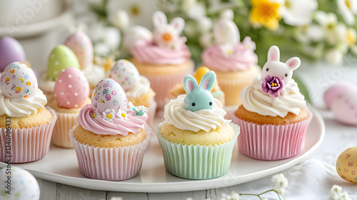 A variety of pastel cupcakes with Easter-themed decorations like mini bunnies, colorful eggs, and edible flowers, placed on a white ceramic plate with soft sunlight.