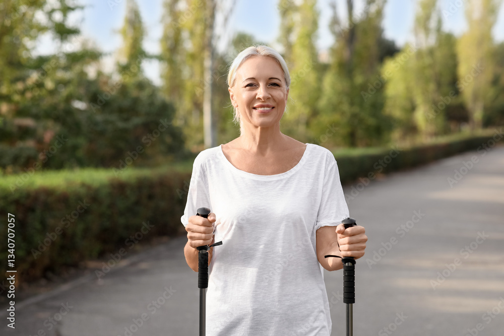 Εκτύπωση καμβά Beautiful mature happy woman training with walking poles in park