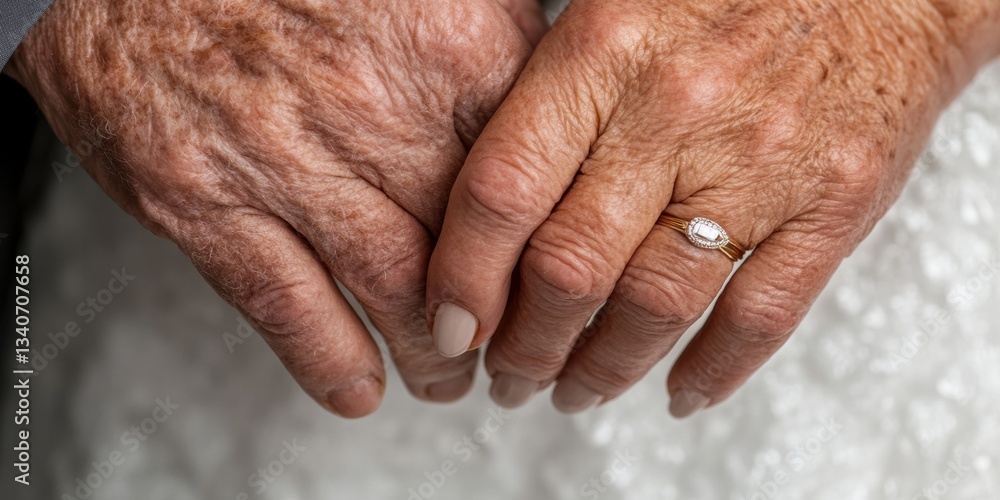 Fototapeta premium Tender Aging Compassionate Intergenerational Wellness Imagery Capturing Lifelong Love and Intimacy, Celebrating Senior Connection through Delicate Hand Embrace