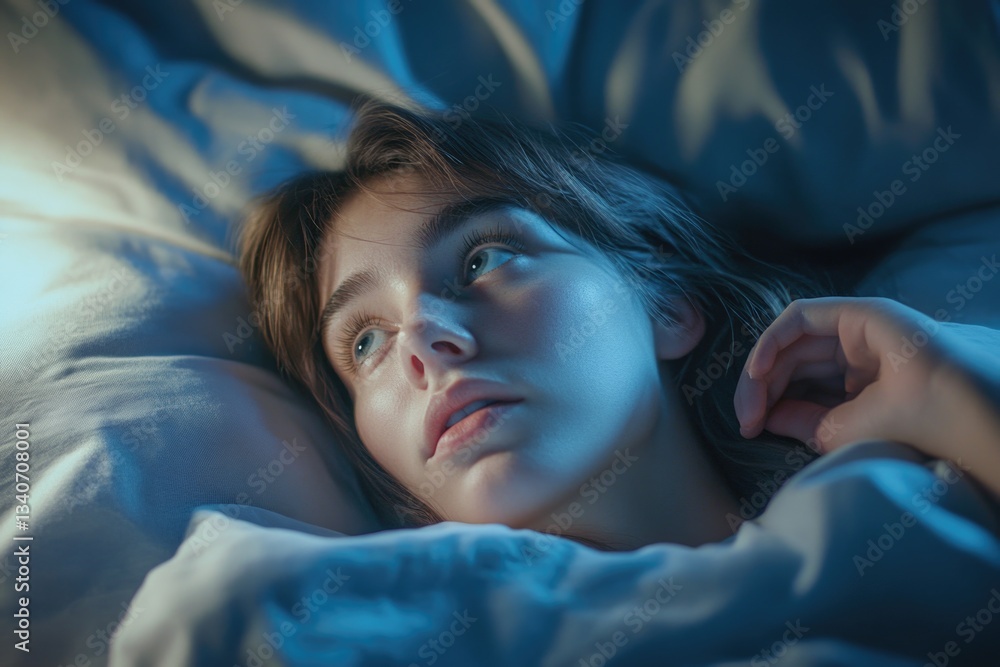 A person sleeping with a blue light shining on their face, often used for wellness and self-care concepts A person sleeping with a blue light shining on their face, often used for wellness and self-care concepts
