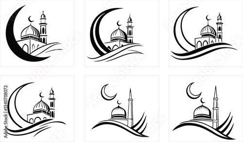 set of pray minaret turkey background religious template Islamic black Muslim symbol illustration religion art architecture graphic Arabic mosque 