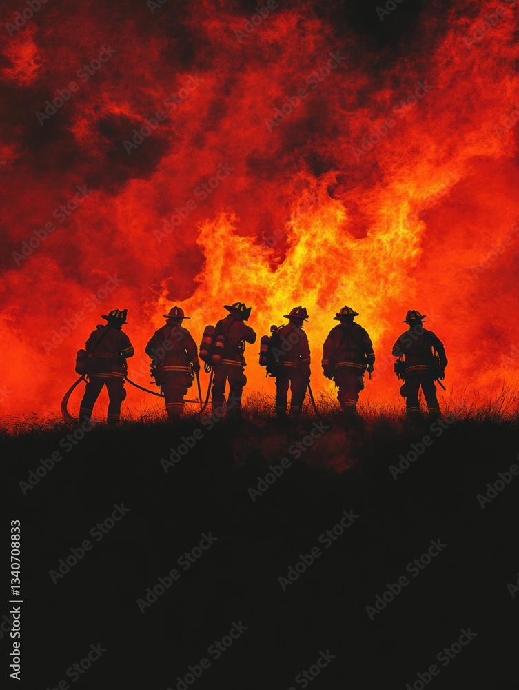 Group of firefighters standing in front of a fire, ready to extinguish Group of firefighters standing in front of a fire, ready to extinguish