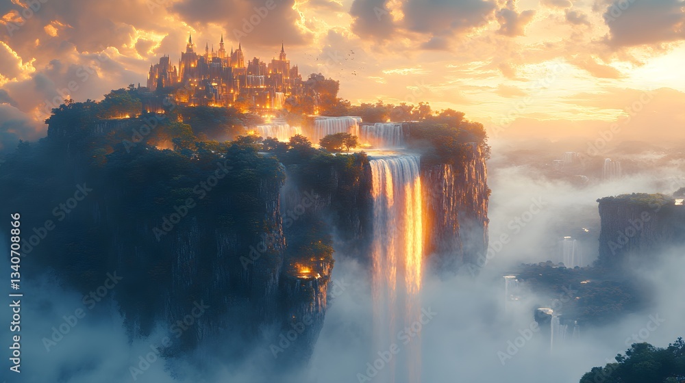 Fototapeta premium Surreal Floating Islands with Twilight Waterfalls and Ethereal Light Effects – Generative AI