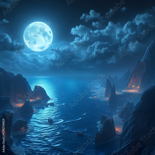 The moonlit sea, clouds, moon, and stars have an otherworldly appearance with soft focus and a hazy background art illustration design