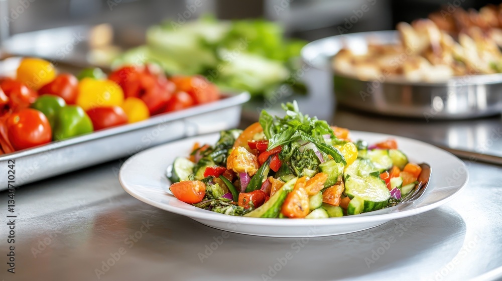 A vibrant plate of salad surrounded by fresh vegetables, showcasing healthy eating and colorful ingredients in a kitchen setting. A vibrant plate of salad surrounded by fresh vegetables, showcasing healthy eating and colorful ingredients in a kitchen setting.
