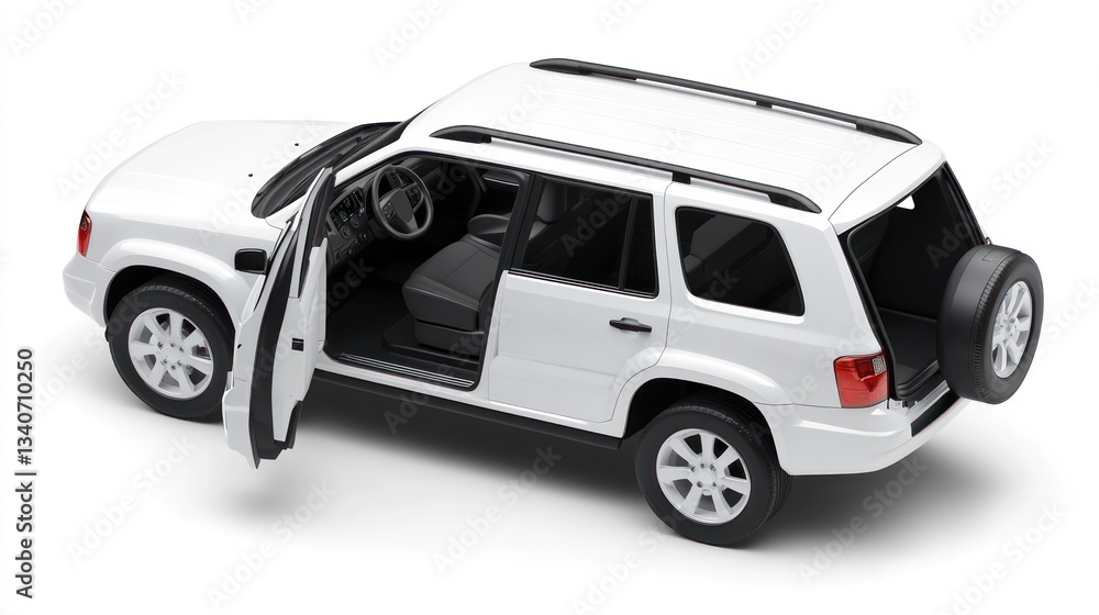 White SUV Open Door and Trunk, Studio Shot, Clean Design, Detailed Interior White SUV Open Door and Trunk, Studio Shot, Clean Design, Detailed Interior