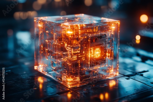 Futuristic glowing quantum computing cube with complex circuits and data, high technology and energy concept