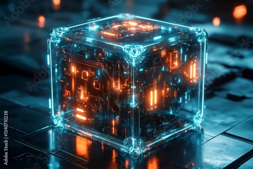 Futuristic glowing quantum computing cube with complex circuits and data, high technology and energy concept
