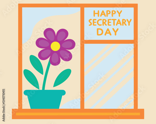 Bright and Cheerful "Happy Secretary Day" Design with a Potted Flower on a Window Sill. Celebrate Administrative Professionals' Day with this colorful and simple illustration.