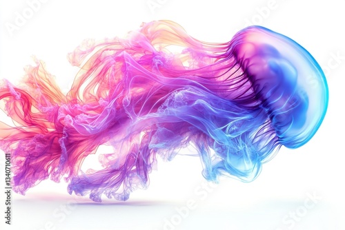 Vibrant bioluminescent jellyfish with pink and blue glowing tentacles isolated on white background