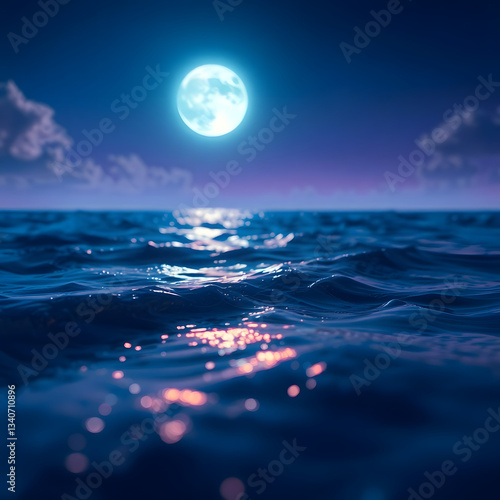 The moonlit sea, clouds, moon, and stars have an otherworldly appearance with soft focus and a hazy background art illustration design