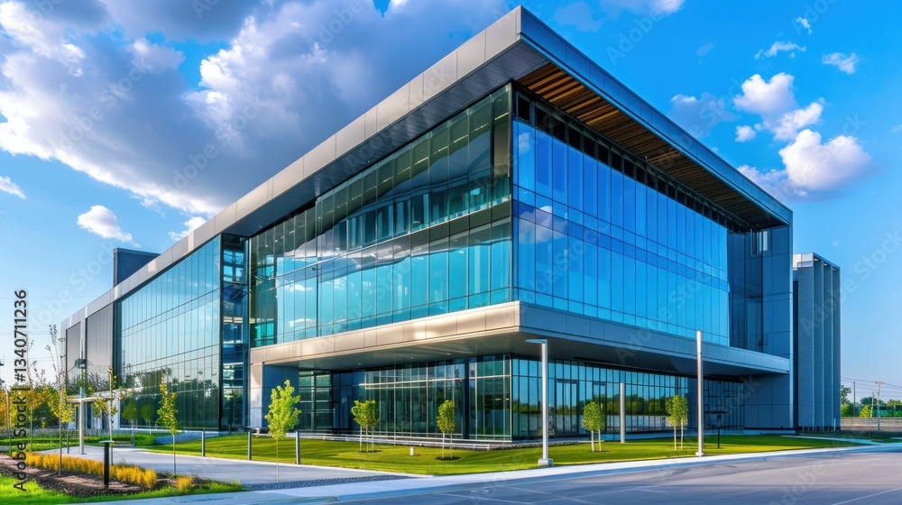 Obraz premium Sleek modern office building with glass walls and sharp lines.
