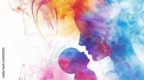 Artistic representation of world maternal mental health day with vibrant colors and mother-child silhouette. Horizontal banner. Copy space. Postpartum depression. Postnatal care , women's wellness