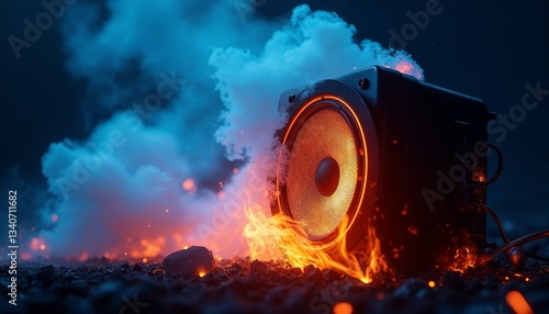 Burning Speaker with Blue Smoke in an Intense Music Explosion Concept