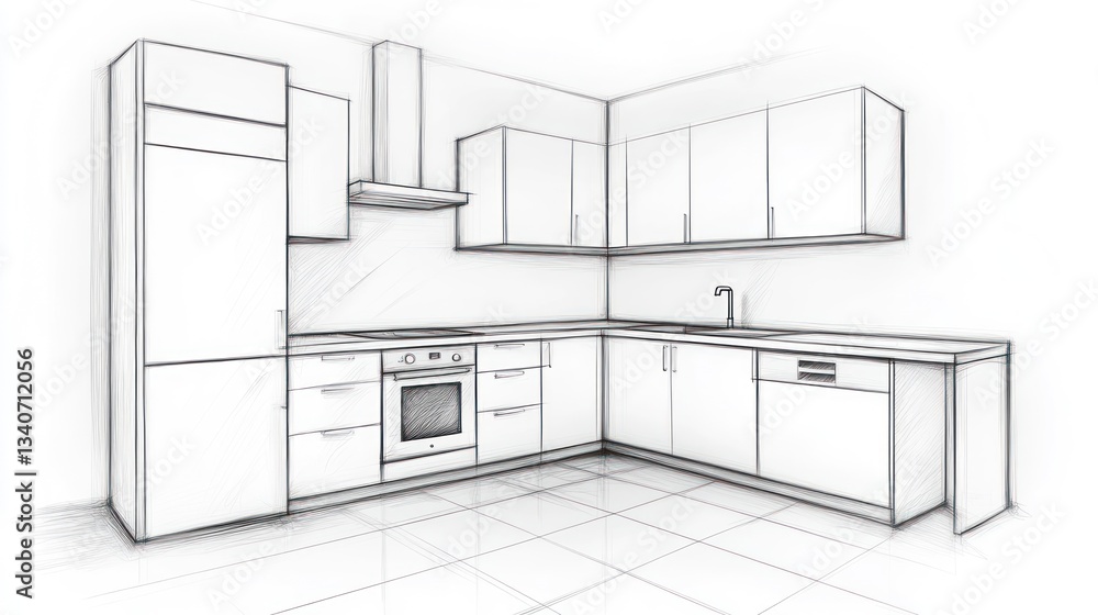 Modern Kitchen Design Sketch: Architectural blueprint of a contemporary kitchen layout featuring sleek cabinetry, integrated appliances, and a functional island. Modern Kitchen Design Sketch: Architectural blueprint of a contemporary kitchen layout featuring sleek cabinetry, integrated appliances, and a functional island.