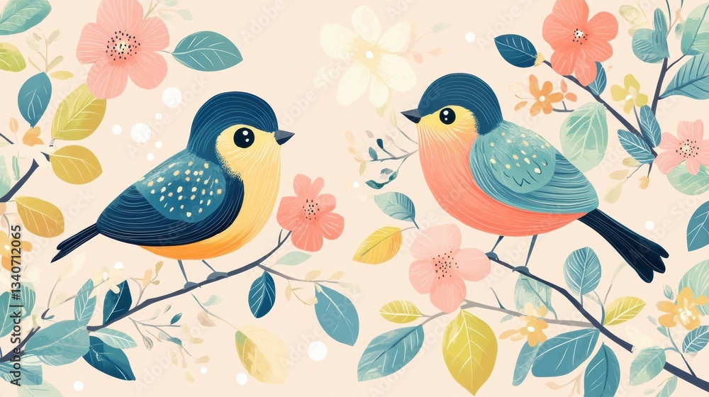Charming design of spring flora and birds, ideal for wedding stationery and decor Charming design of spring flora and birds, ideal for wedding stationery and decor