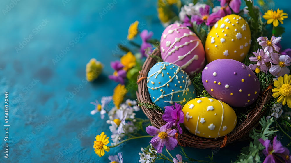 Fototapeta premium A vibrant Easter scene with chocolate eggs, brightly colored in yellow, purple, and blue, placed around a small Easter basket with flowers and greenery.