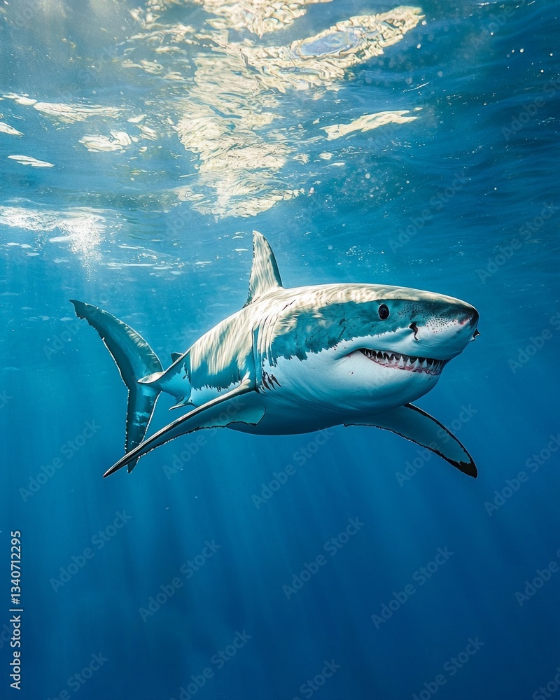 Fototapeta premium A great white shark swimming in the ocean
