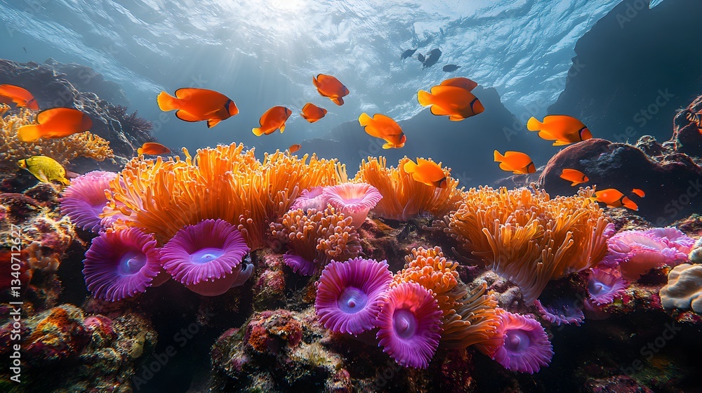 Naklejka premium Close-Up of Coral Reef with Vibrant Marine Life Showcasing Underwater Biodiversity – Generative AI