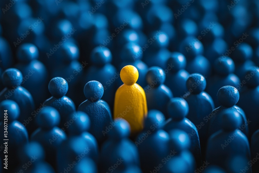 Obraz premium Unique yellow figure standing out from a crowd of blue figures, leadership and individuality concept