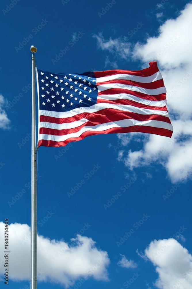 A large American flag blowing freely in the air, symbolizing freedom and patriotism A large American flag blowing freely in the air, symbolizing freedom and patriotism