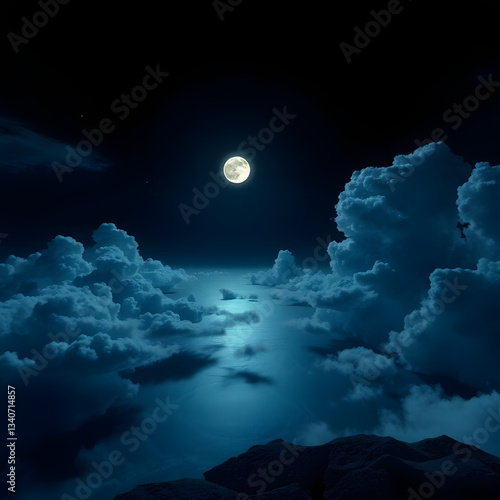 The moonlit sea, clouds, moon, and stars have an otherworldly appearance with soft focus and a hazy background art illustration design