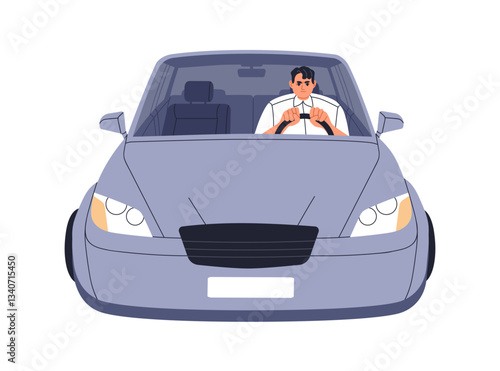 Angry driver inside car, front view. Tensed stressed man at steering wheel, driving. Commuter, office worker sitting in auto, commuting. Flat vector illustration isolated on white background