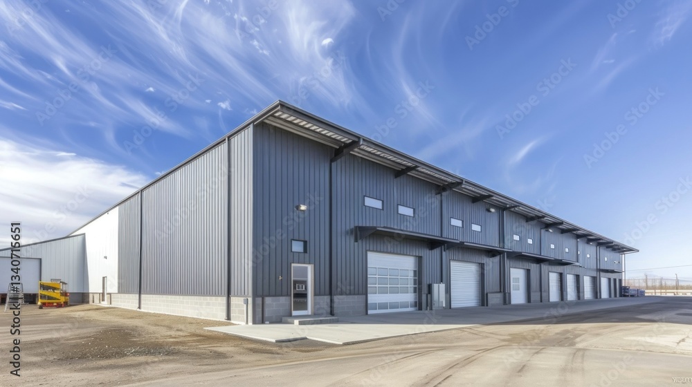 Industrial warehouse with steel frame and clear signage. Industrial warehouse with steel frame and clear signage.