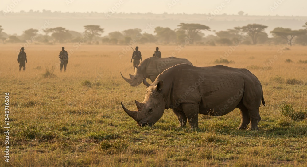 Fototapeta premium Rhinos Grazing in African Savannah with Rangers Protecting Wildlife