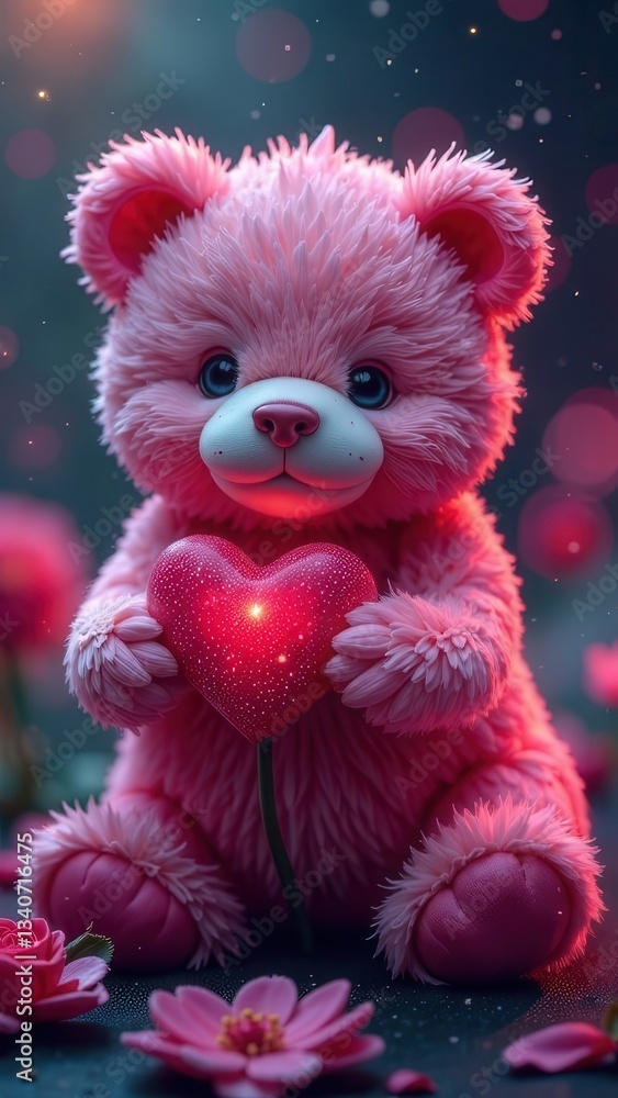 Fototapeta premium Cute teddy bear holding flowers under pink neon light