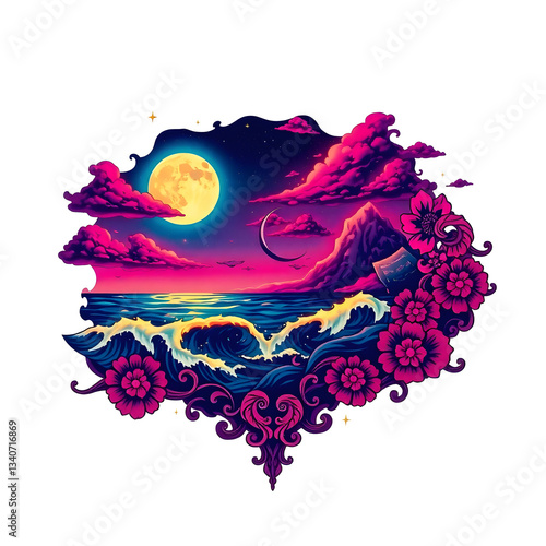 The moonlit sea, clouds, moon, and stars have an otherworldly appearance with soft focus and a hazy background art illustration design