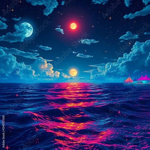 The moonlit sea, clouds, moon, and stars have an otherworldly appearance with soft focus and a hazy background art illustration design