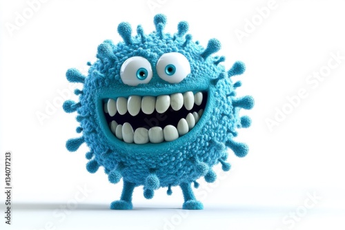 Cute blue cartoon coronavirus character with big teeth, 3D render illustration isolated on white background, friendly virus mascot concept
