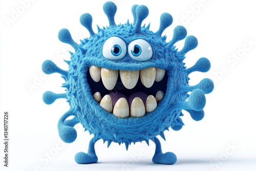 Cute blue cartoon coronavirus character with big teeth, 3D render illustration isolated on white background, friendly virus mascot concept