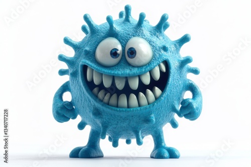 Cute blue cartoon coronavirus character with big teeth, 3D render illustration isolated on white background, friendly virus mascot concept