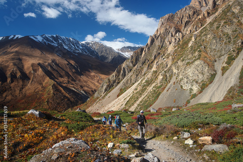 Group hikers walking in mountains enjoying outdoor activities together in Himalayas, Nepal. Travel, outdoor group sport lifestyle concept