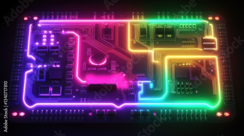 Wallpaper Mural A detailed illuminated circuit board with multiple neon light colors Torontodigital.ca