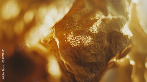 Abstract close-up of textured golden material with light reflections.