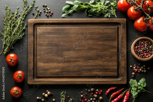 Empty wooden cutting board with rosemary, garlic and spices on dark background for food mockup