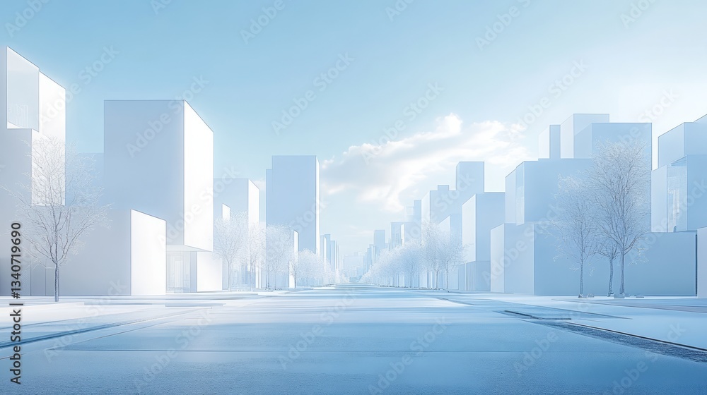 Fototapeta premium Minimalist city street scene with simple white buildings and trees