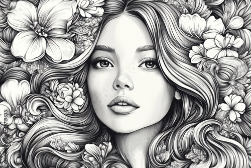 Black and white line art illustration of a beautiful woman with wavy hair and flowers